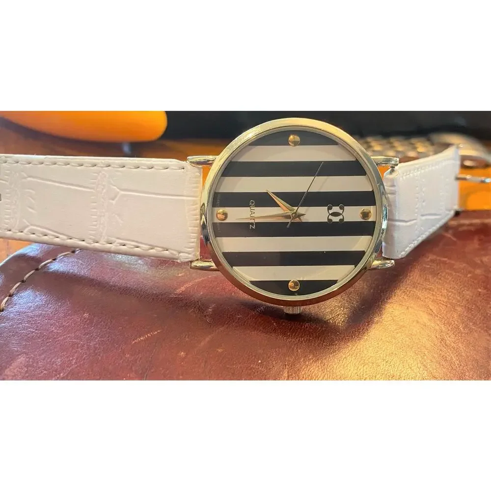 Women's 40mm Gold Tone Charming Charlie Watch, Striped Face with Black Band